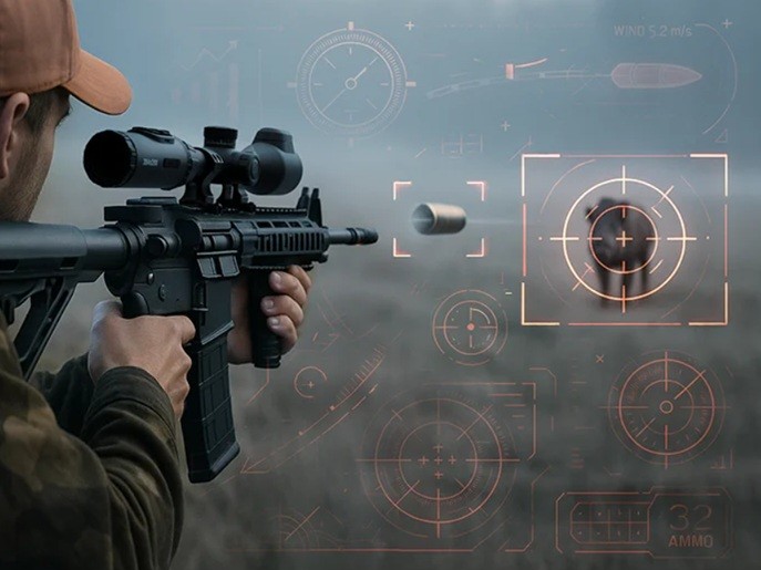 Тепловізійний приціл ATN THOR 6 LRF 384 3.5-28x на карабіні під час спостереження за відкритою місцевістю у нічний час