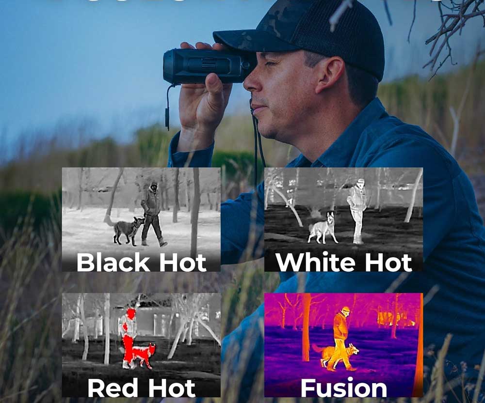 Порівняння зображення на екрані тепловізора в режимах White Hot та Red Hot на прикладі спостереження в лісі