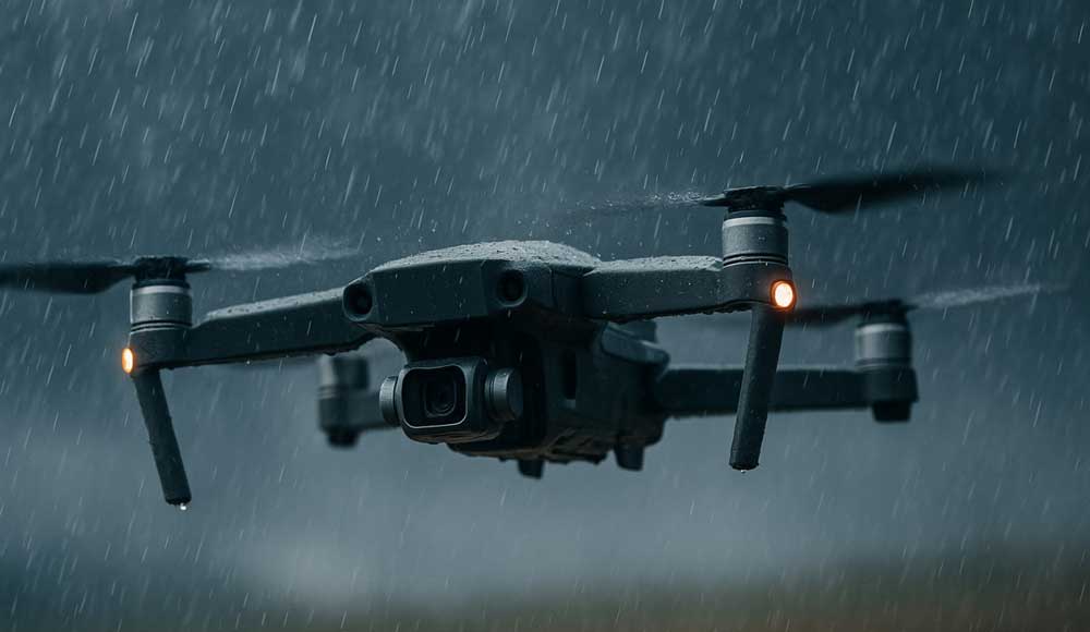 FPV-дрон після польоту у тумані з конденсатом на оптиці та корпусі