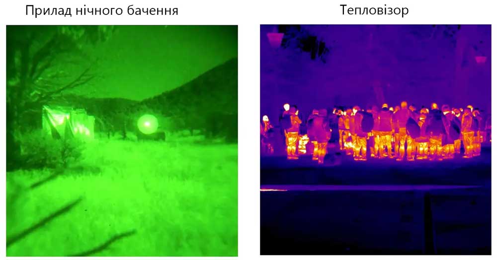 Сравнение изображения тепловизора и прибора ночного видения в условиях полной темноты
